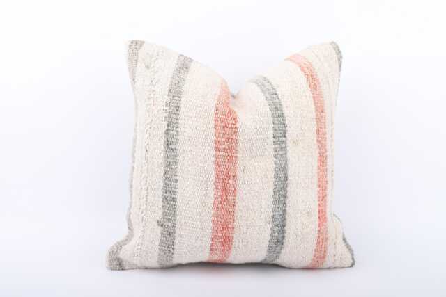 Handwoven Turkish Kilim Pillow Cover Vintage Wool Stripe, 14x14 - image 1