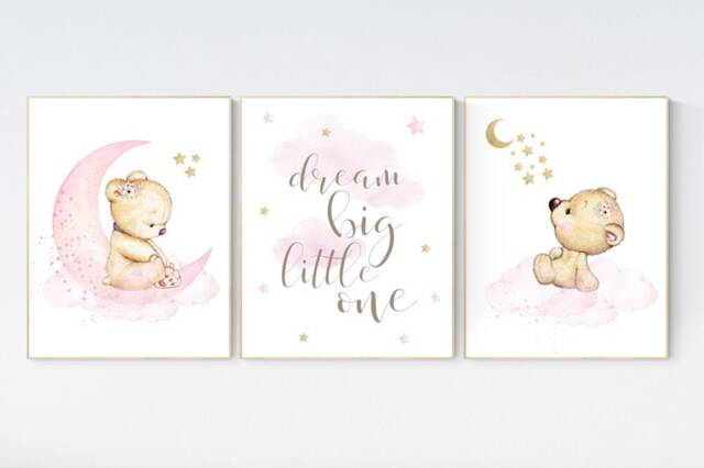 Bear Nursery Decor Pink & Gold Girl Wall Art Print - image 1