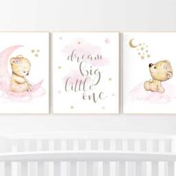 Bear Nursery Decor Pink & Gold Girl Wall Art Print - thumbnail 2