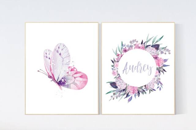 Purple Pink Butterfly Nursery Decor Personalized Girl Name Art Print - image 1