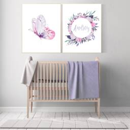 Purple Pink Butterfly Nursery Decor Personalized Girl Name Art Print - thumbnail 2