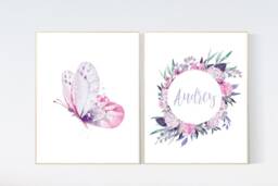 Purple Pink Butterfly Nursery Decor Personalized Girl Name Art Print - thumbnail 1