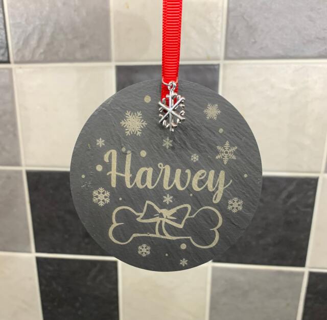 Personalised Dog With Bone Christmas Tree Bauble Decorations Natural Slate Pet - image 1