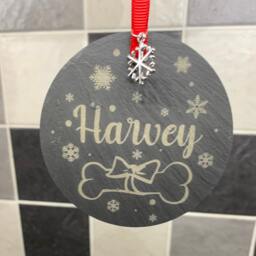 Personalised Dog With Bone Christmas Tree Bauble Decorations Natural Slate Pet - thumbnail 2