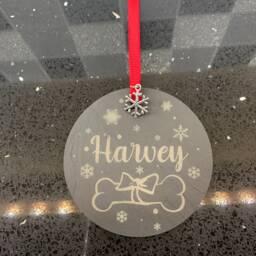 Personalised Dog With Bone Christmas Tree Bauble Decorations Natural Slate Pet - thumbnail 4