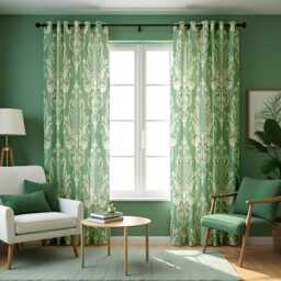 Green Damask Curtains, Traditional Ornate Pattern Drapes, Custom Size Window Treatment Panels