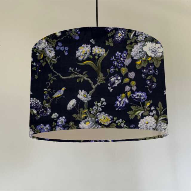 Midnight Floral Velvet Circular Drum Lampshade/Ceiling Shade, With A White Lining - image 1