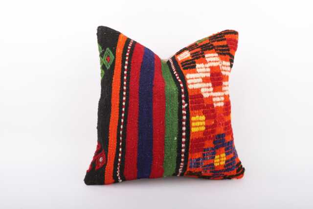 Vintage Turkish Kilim Pillow Cover 16'' Handwoven Wool Throw - image 1