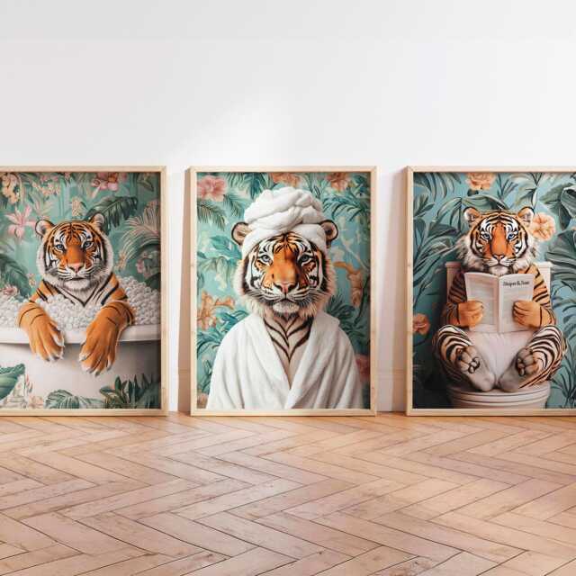 Set Of 3 Funny Tiger Bathroom Wall Art Prints, Dopamine Decor, Botanical Animal Art, Jungle Toilet Posters, Maximalist Decor