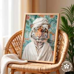 Set Of 3 Funny Tiger Bathroom Wall Art Prints, Dopamine Decor, Botanical Animal Art, Jungle Toilet Posters, Maximalist Decor - thumbnail 3