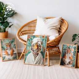 Set Of 3 Funny Tiger Bathroom Wall Art Prints, Dopamine Decor, Botanical Animal Art, Jungle Toilet Posters, Maximalist Decor - thumbnail 2