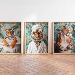 Set Of 3 Funny Tiger Bathroom Wall Art Prints, Dopamine Decor, Botanical Animal Art, Jungle Toilet Posters, Maximalist Decor - thumbnail 1