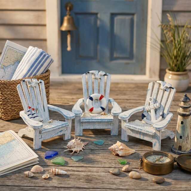 Coastal Blue Miniature Adirondack Chair Set Of 3 Beach Theme Wooden Decor Nautical Shelf Sitter Summer Vacation Housewarming Gift - image 1