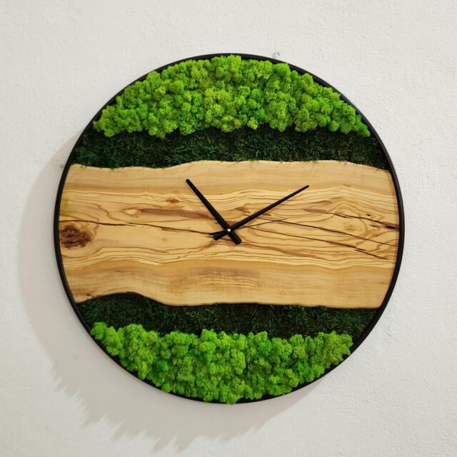 Custom Moss & Olive Wood Wall Clock With Metal Frame - image 1