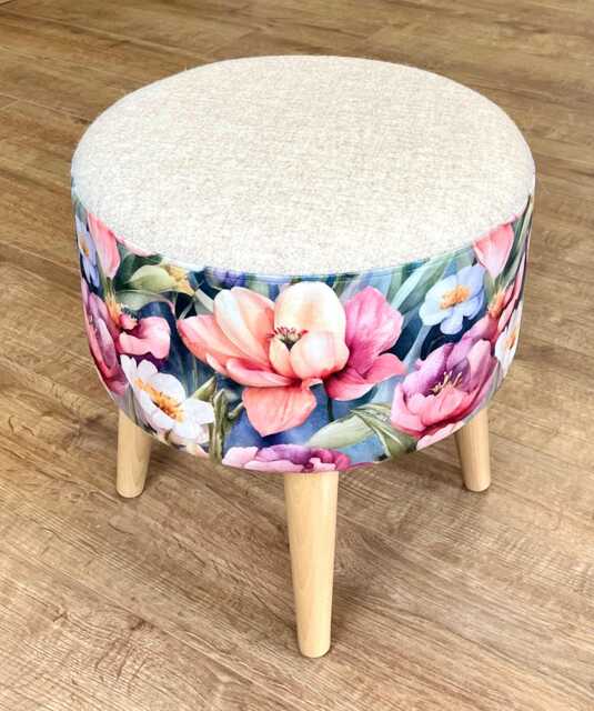 Flower Garden Velvet & Oatmeal Cream Harris Tweed Round Footstool - image 1