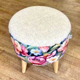 Flower Garden Velvet & Oatmeal Cream Harris Tweed Round Footstool - thumbnail 2