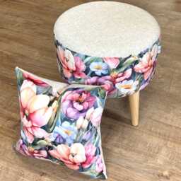 Flower Garden Velvet & Oatmeal Cream Harris Tweed Round Footstool - thumbnail 4