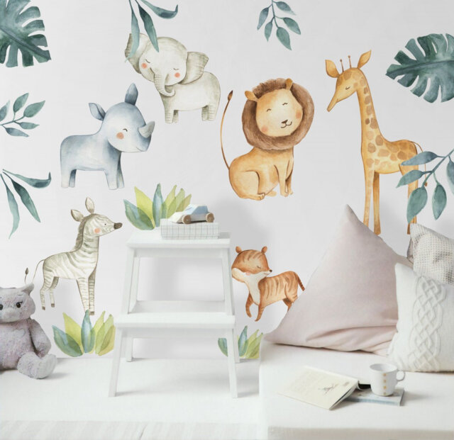 Kids Nursey Safari Animals Wall Decal - Watercolor Jungle Sticker Tropical Monstera Leaf Decals - image 1
