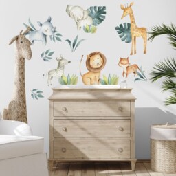 Kids Nursey Safari Animals Wall Decal - Watercolor Jungle Sticker Tropical Monstera Leaf Decals - thumbnail 3
