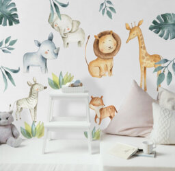 Kids Nursey Safari Animals Wall Decal - Watercolor Jungle Sticker Tropical Monstera Leaf Decals - thumbnail 1