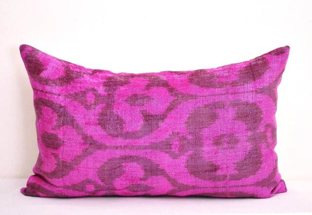 Hot Pink Velvet Ikat Pillow Cover, Handloom Silk - image 1