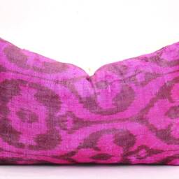 Hot Pink Velvet Ikat Pillow Cover, Handloom Silk - thumbnail 2
