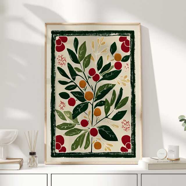 Scandinavian Folk Art Botanical Print, Green Border Berry Wall Art, Modern Rustic Kitchen Poster, Red & Decor - image 1