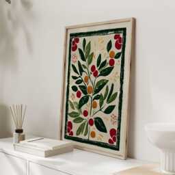 Scandinavian Folk Art Botanical Print, Green Border Berry Wall Art, Modern Rustic Kitchen Poster, Red & Decor - thumbnail 3