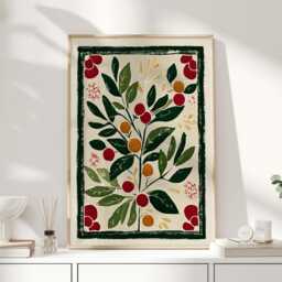 Scandinavian Folk Art Botanical Print, Green Border Berry Wall Art, Modern Rustic Kitchen Poster, Red & Decor - thumbnail 1