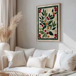 Scandinavian Folk Art Botanical Print, Green Border Berry Wall Art, Modern Rustic Kitchen Poster, Red & Decor - thumbnail 2