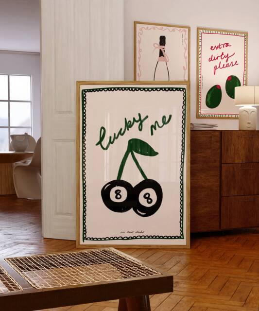 Retro Cherry Kitchen Print - Lucky Me 8 Ball Poster Funky Decor Mid Century Wall Art - image 1