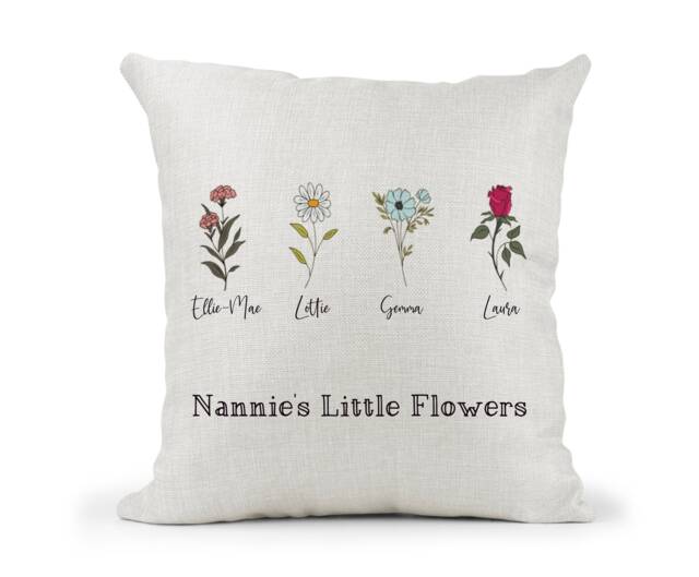 Personalised Birth Month Flowers Cushion.. Nanny Little Flowers.. Grandchildren's Names.nannie..nan - image 1