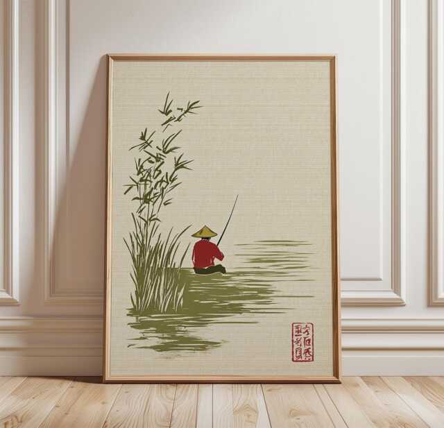 Fishing Man Poster - Japanese Style Wall Art Minimal Lake Scene Print Zen Decor Calm Nature Illustration - image 1