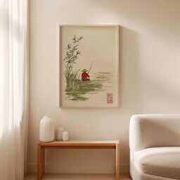 Fishing Man Poster - Japanese Style Wall Art Minimal Lake Scene Print Zen Decor Calm Nature Illustration - thumbnail 3