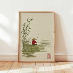 Fishing Man Poster - Japanese Style Wall Art Minimal Lake Scene Print Zen Decor Calm Nature Illustration - thumbnail 4