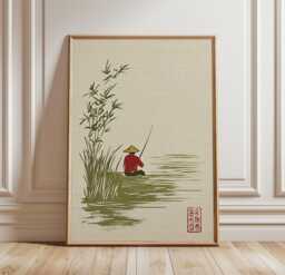 Fishing Man Poster - Japanese Style Wall Art Minimal Lake Scene Print Zen Decor Calm Nature Illustration