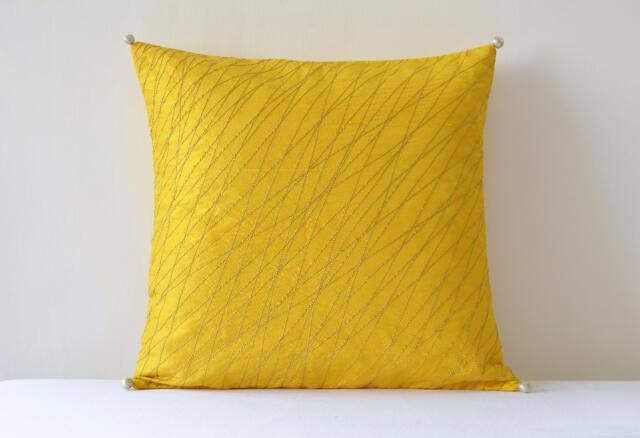 Bright & Festive Yellow Silk Pillow Cover With Gold Stitch Detail , Decor Cushion - image 1