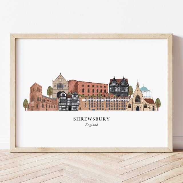 Shrewsbury Skyline Print, Cityscape, Wall Art, Gift, Illustration, Poster, Shropshire - image 1