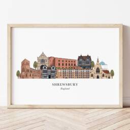 Shrewsbury Skyline Print, Cityscape, Wall Art, Gift, Illustration, Poster, Shropshire - thumbnail 1