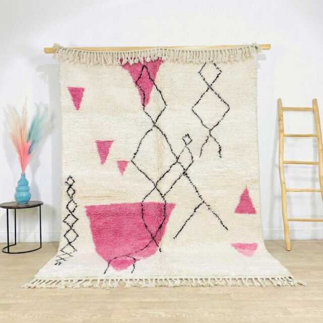 Ivory Moroccan Berber Rug, Handwoven Wool Shag Pink & White Boho Nursery Authentic Beni Ourain Carpet, Large 9x12 Area Rug - image 1