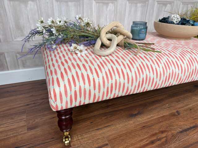Large Upholstered Footstool in Modern Stripe On Coffee Table Ottoman With Dark Castor Legs - image 1