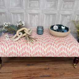 Large Upholstered Footstool in Modern Stripe On Coffee Table Ottoman With Dark Castor Legs - thumbnail 2