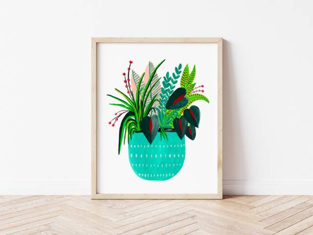 Teal Potted House Plants, Assorted Plant Print, Illustration, Art, Boho Wall Decor, Botanical Art - image 1