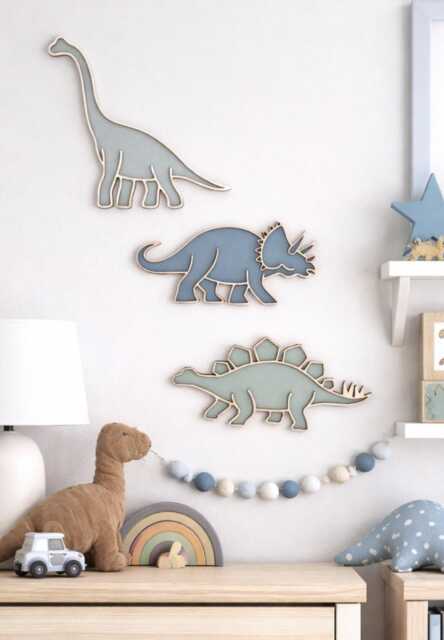 Dinosaur Wall Decor Set Of 3 - Nursery Art Wooden Dino Plaques Blue & Sage Kids Room - image 1