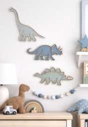 Dinosaur Wall Decor Set Of 3 - Nursery Art Wooden Dino Plaques Blue & Sage Kids Room - thumbnail 1