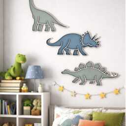 Dinosaur Wall Decor Set Of 3 - Nursery Art Wooden Dino Plaques Blue & Sage Kids Room - thumbnail 2