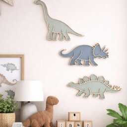 Dinosaur Wall Decor Set Of 3 - Nursery Art Wooden Dino Plaques Blue & Sage Kids Room - thumbnail 3