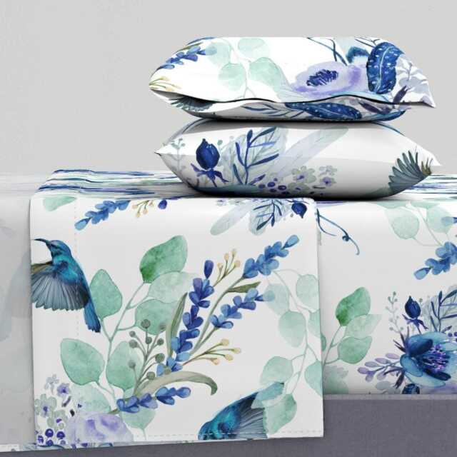Watercolor Birds Sheets - Hummingbirds By Dawn_Leblanc Blue Green Purple Floral Hummingbird Cotton Sateen Sheet Set Bedding Spoonflower - image 1