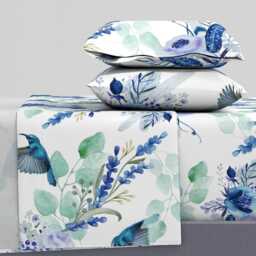 Watercolor Birds Sheets - Hummingbirds By Dawn_Leblanc Blue Green Purple Floral Hummingbird Cotton Sateen Sheet Set Bedding Spoonflower