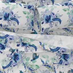 Watercolor Birds Sheets - Hummingbirds By Dawn_Leblanc Blue Green Purple Floral Hummingbird Cotton Sateen Sheet Set Bedding Spoonflower - thumbnail 3